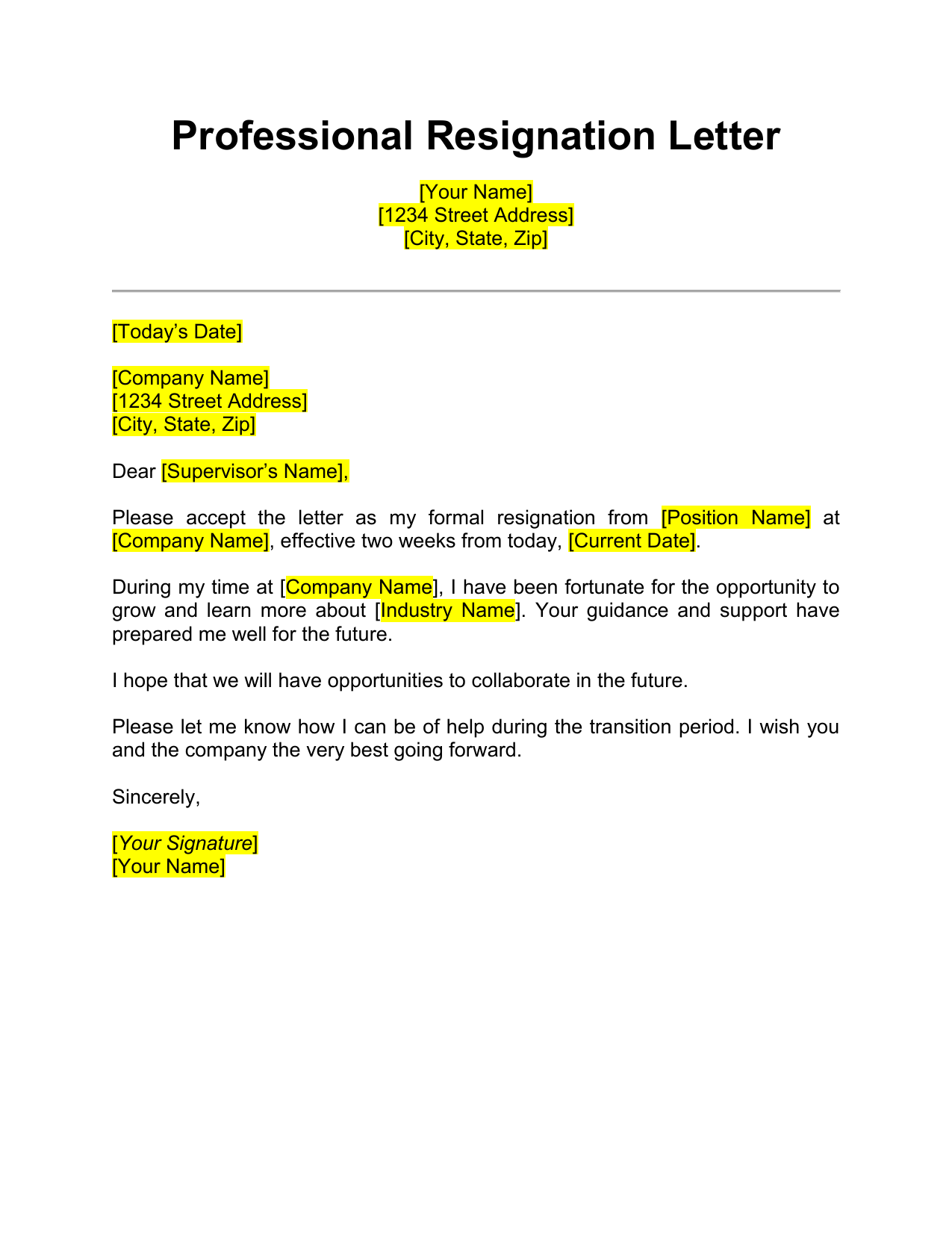 Professional Resignation Letter