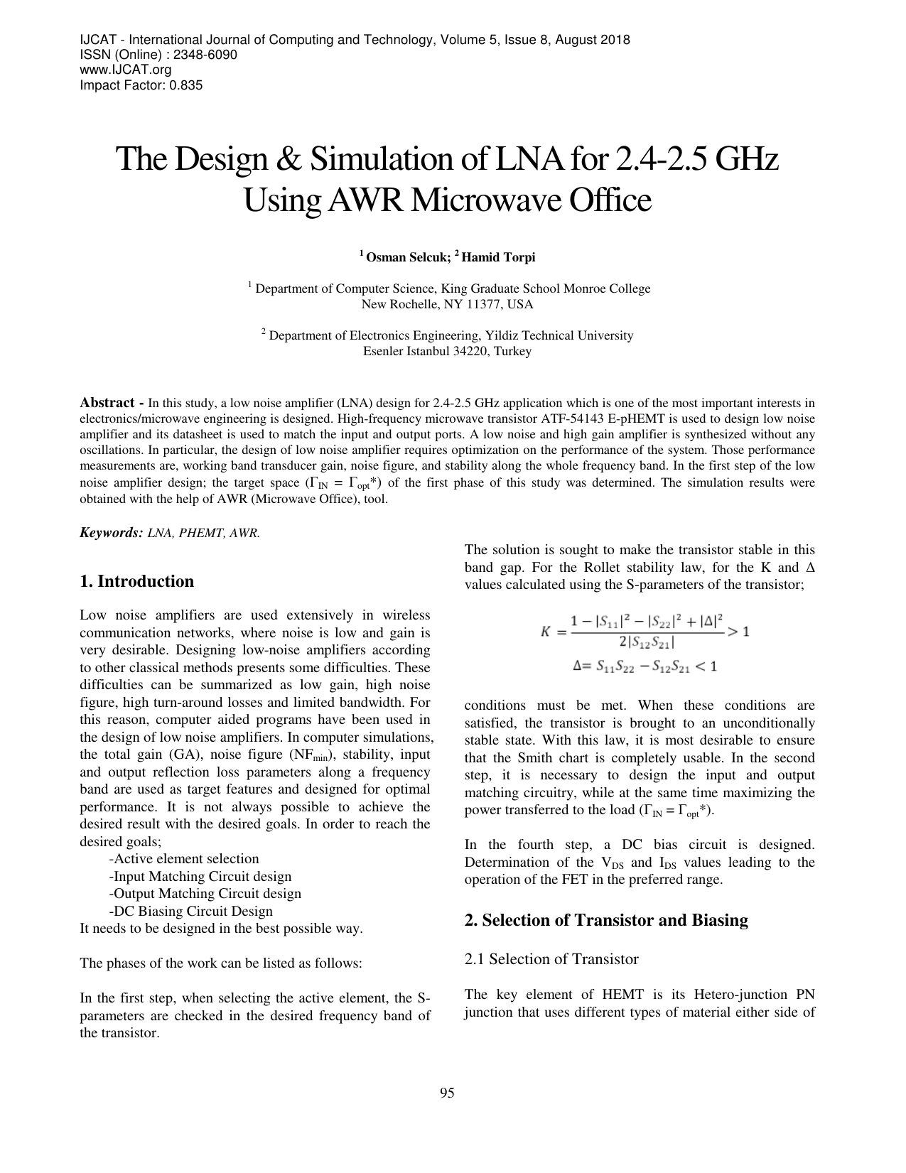 the design and simulation of lna for 2 4 2 5 ghz using awr microwave office