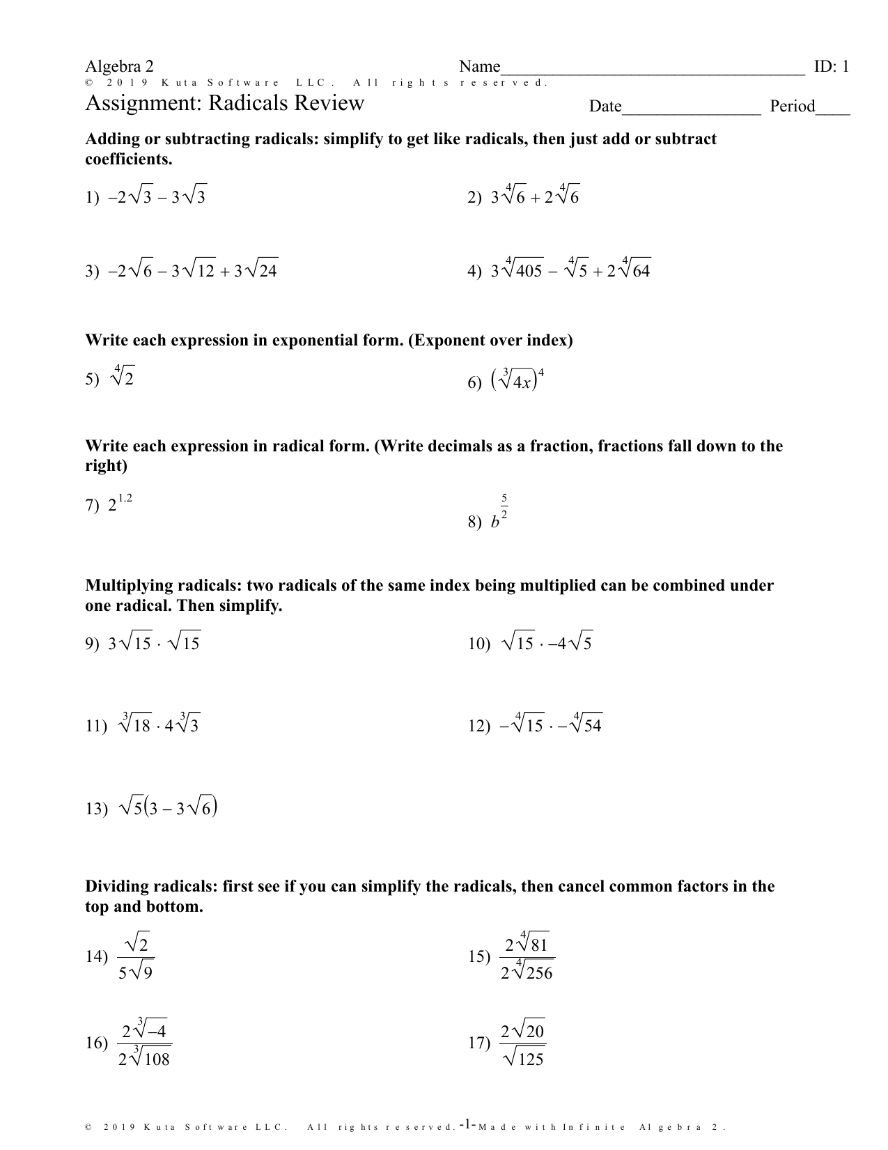 Radicals and Rational Exponents Review Inside Simplifying Radicals Worksheet Algebra 2