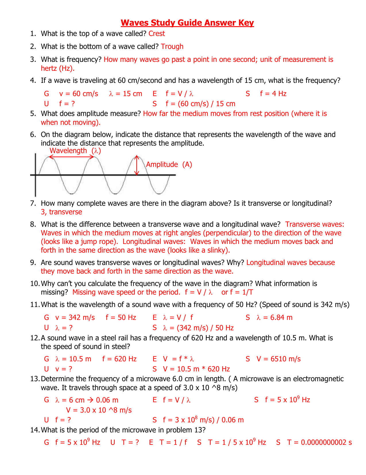 Waves Study Guide Answer Key Regarding Waves Worksheet 1 Answers