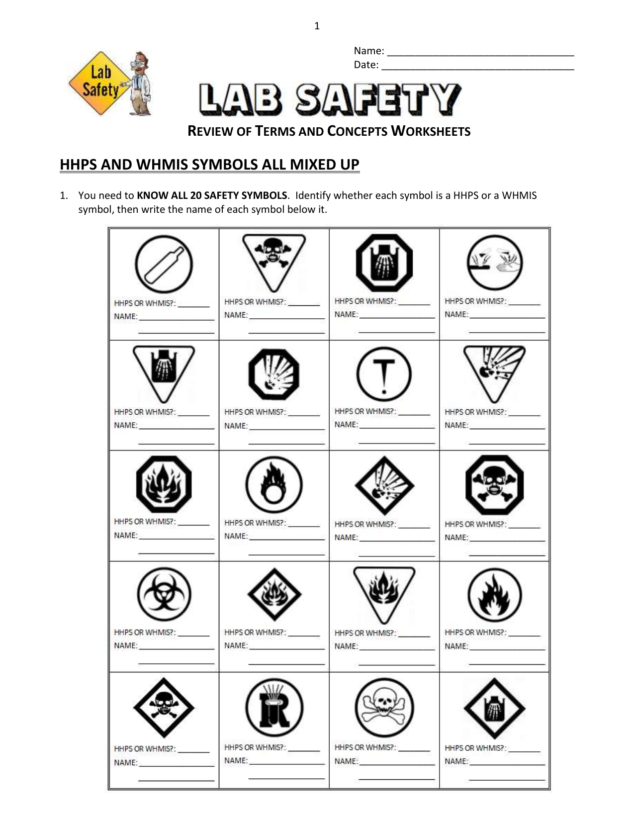 Lab Safety - Review Worksheet Regarding Lab Safety  Symbols Worksheet