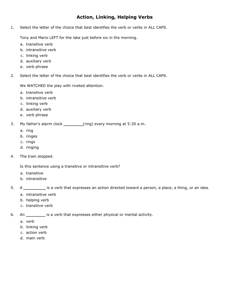 Action Linking Helping Verbs Test