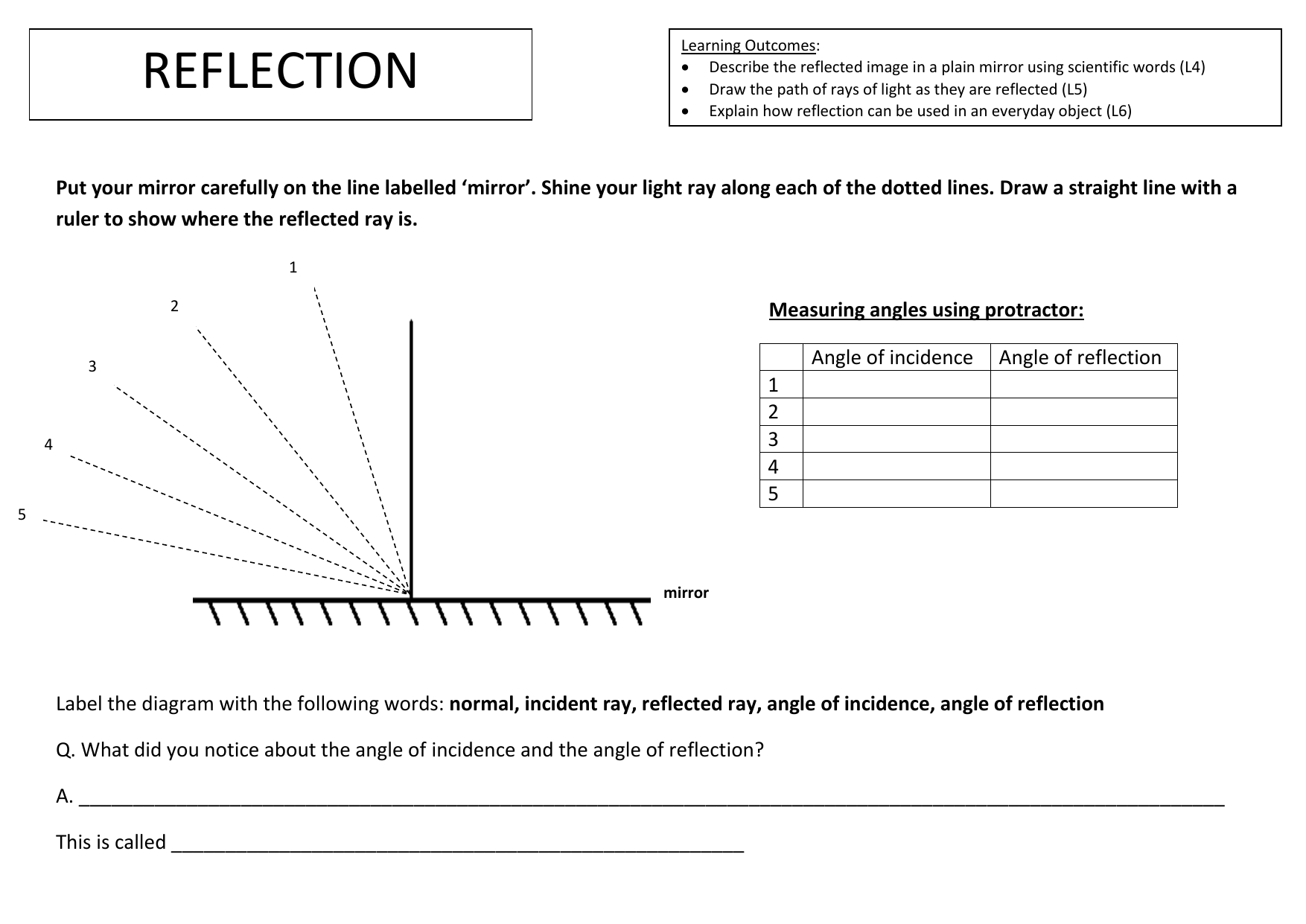 Grade 1 Light Reflections Worksheet