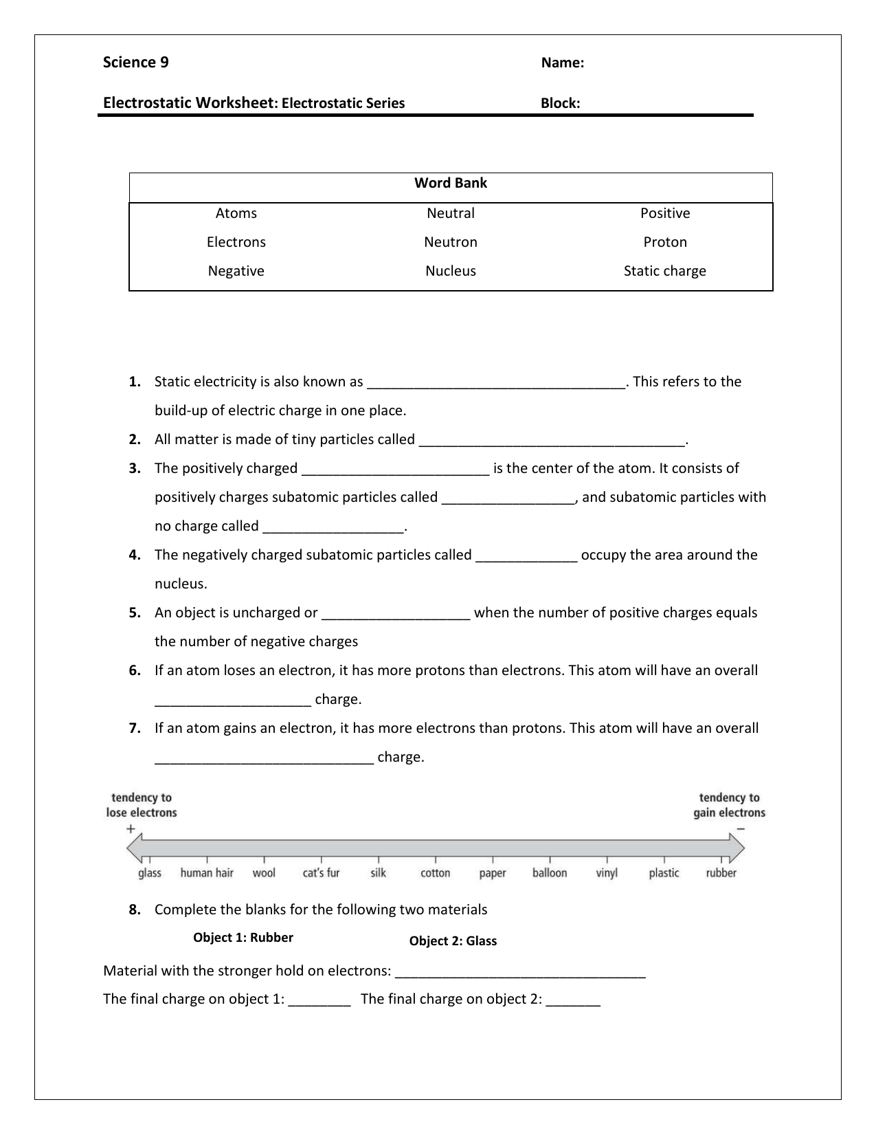 Static Electricity Worksheet Intended For Static Electricity Worksheet Answers