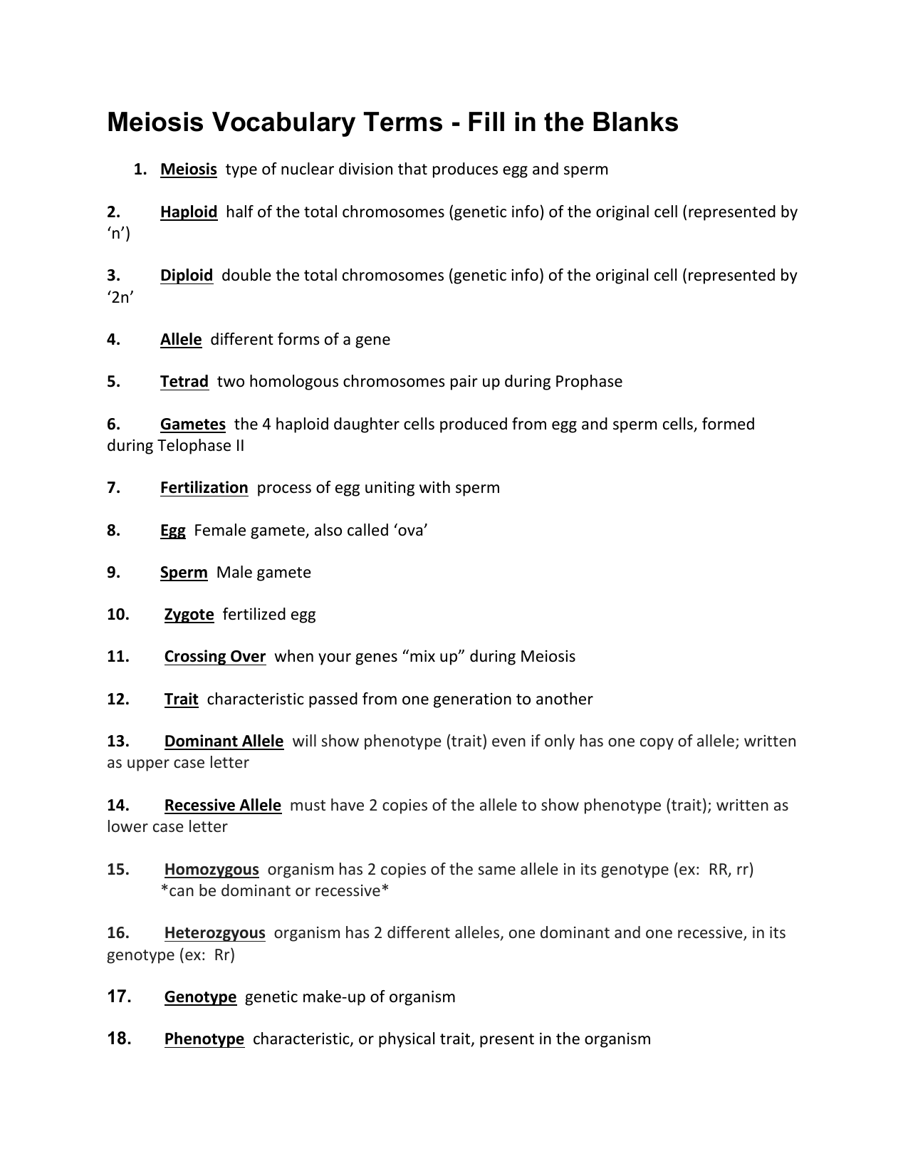 Meiosis Vocabulary Intended For Meiosis Worksheet Vocabulary Answers
