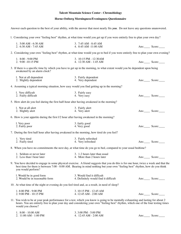 Morningness Eveningness Questionnaire Morningness Eveningness Questionnaire