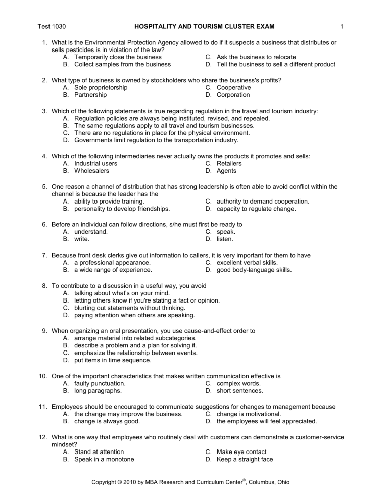 hospitality tourism and events management aptitude test