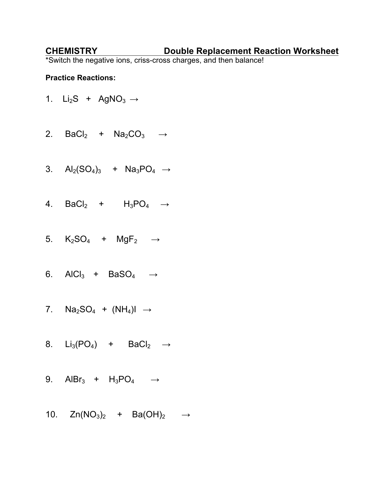 Double Replacement Rxn Worksheet Within Double Replacement Reaction Worksheet