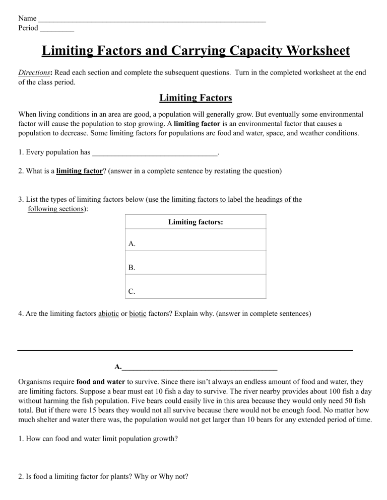 limiting factors assignment answer key