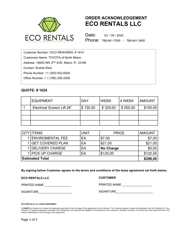 ECO RENTALS LEASE AGREEMENT.Nro.1024