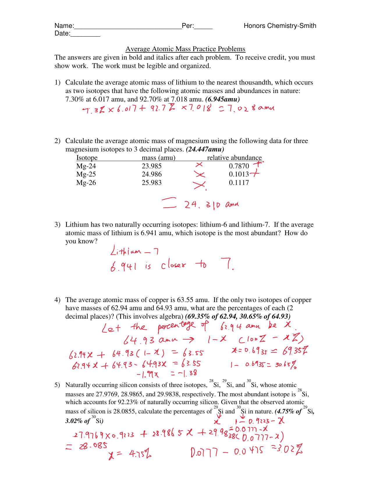 AverageAtomicMass Answer Regarding Average Atomic Mass Worksheet Answers