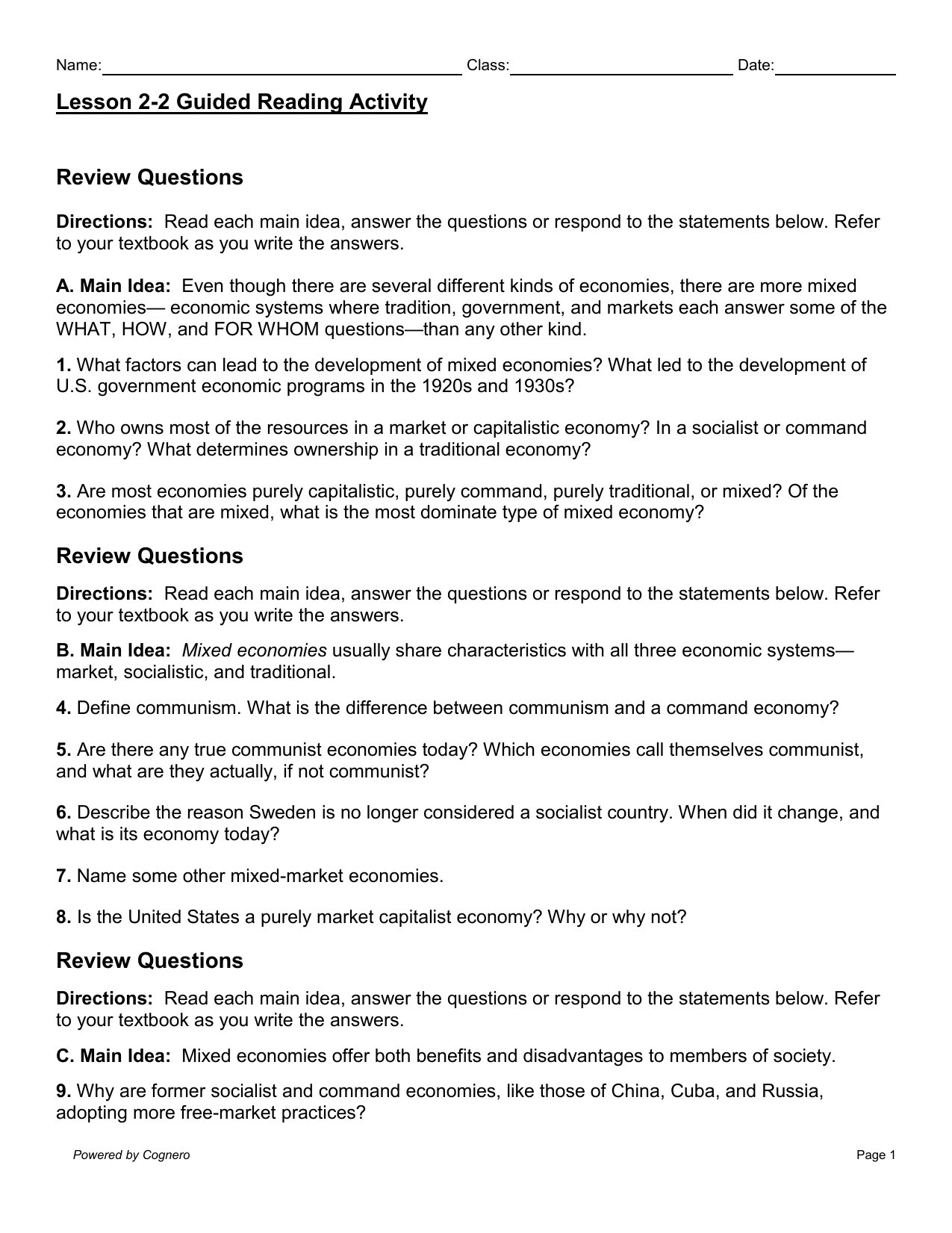 Chapter 1 Lesson 2 Our Economic Choices Worksheet Answers