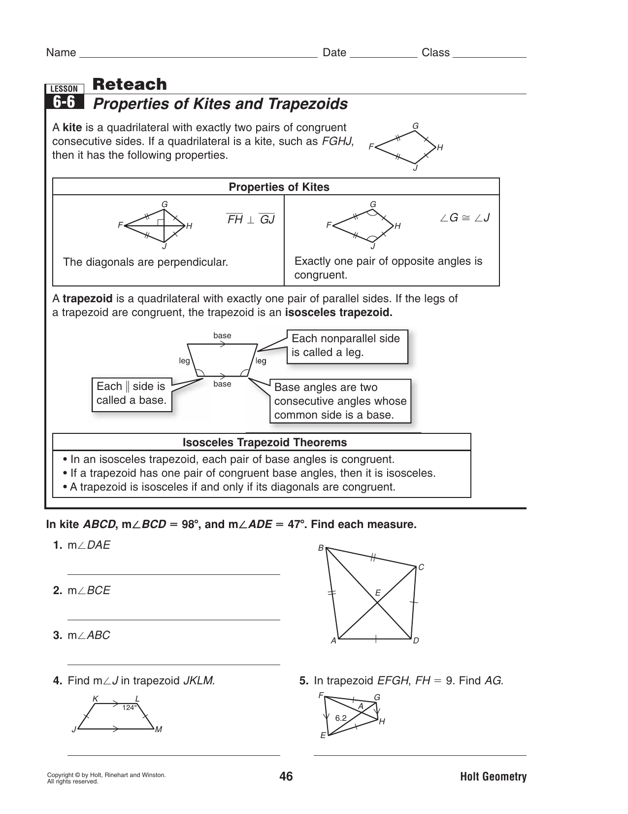 22.22 Reteach - Properties of Kites and Trapezoids Inside Geometry Worksheet Kites And Trapezoids