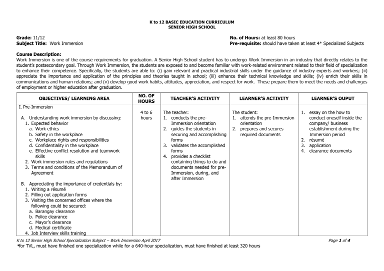 Work Immersion Curriculum Guide For Senior High School
