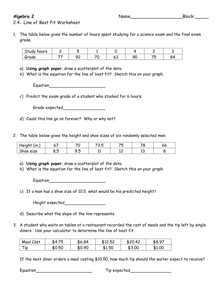 Line Of Best Fit Worksheet Answers