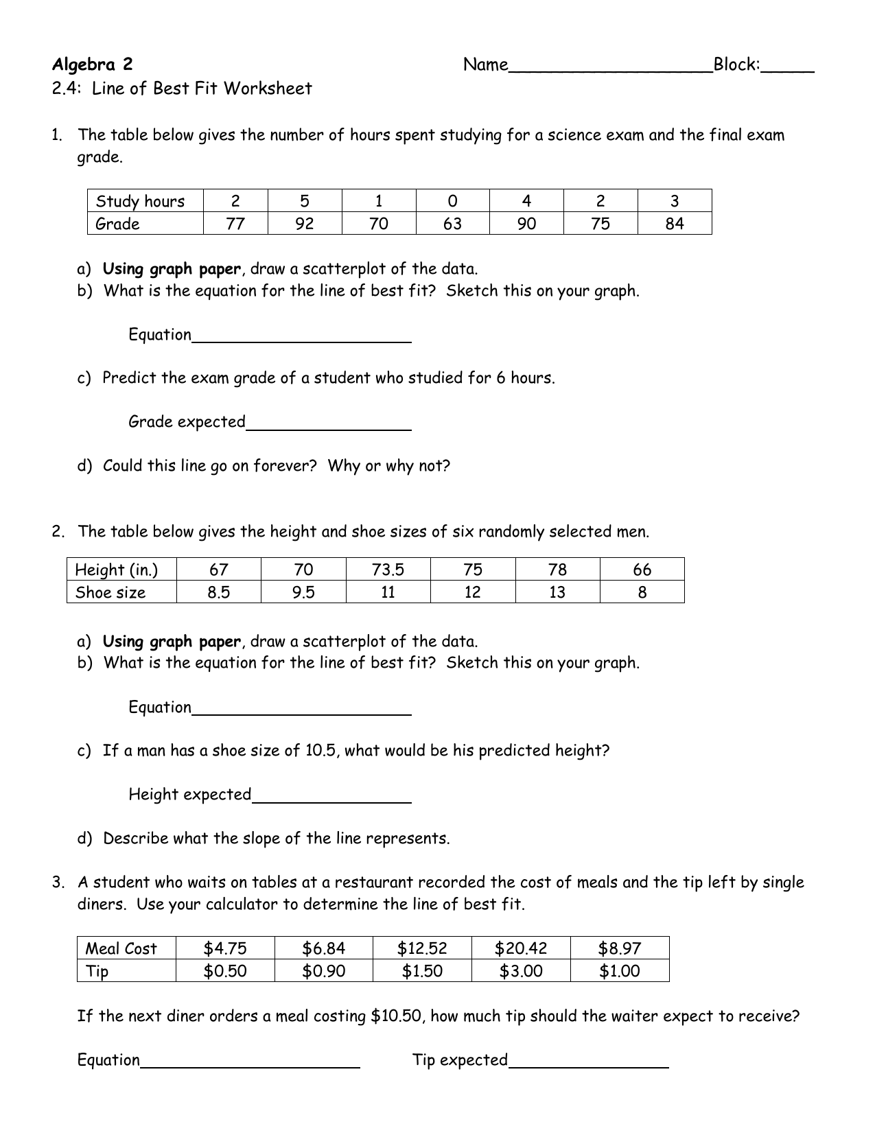 41 scatter plot and line of best fit worksheet - Worksheet Works