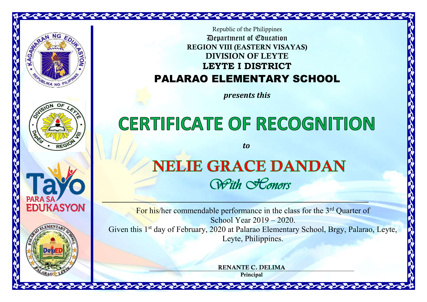 Sample Certificate Of Recognition DepEd