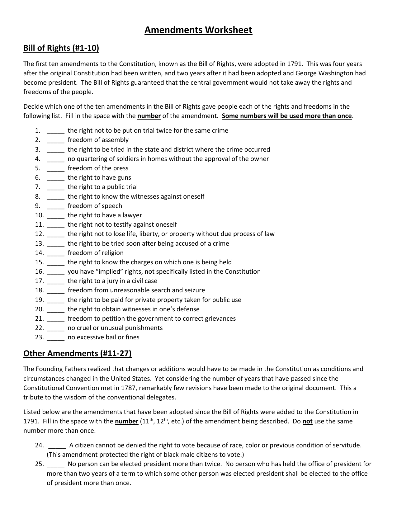 Bill Of Rights Worksheet Answers 