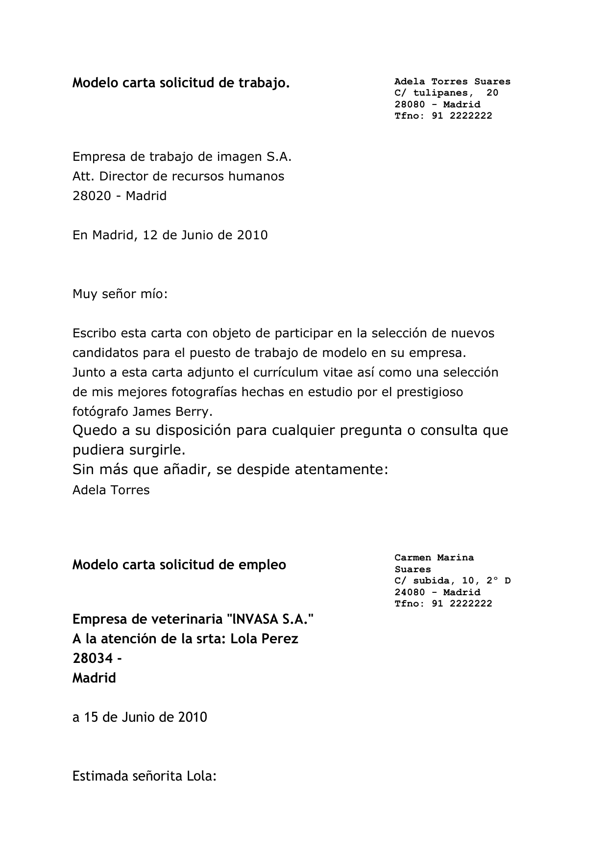 Modelo Carta Solicitud De Trabajo