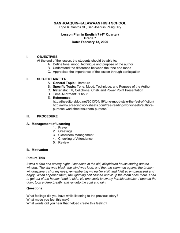 FINAL LESSON PLAN TONE MOOD TECHNIQUE AND PURPOSE OF THE AUTHOR