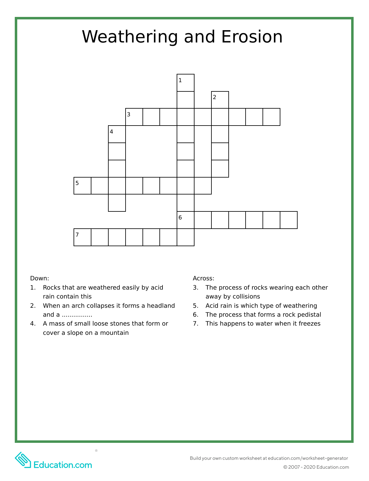 Weathering and erosion crossword Intended For Weathering And Erosion Worksheet