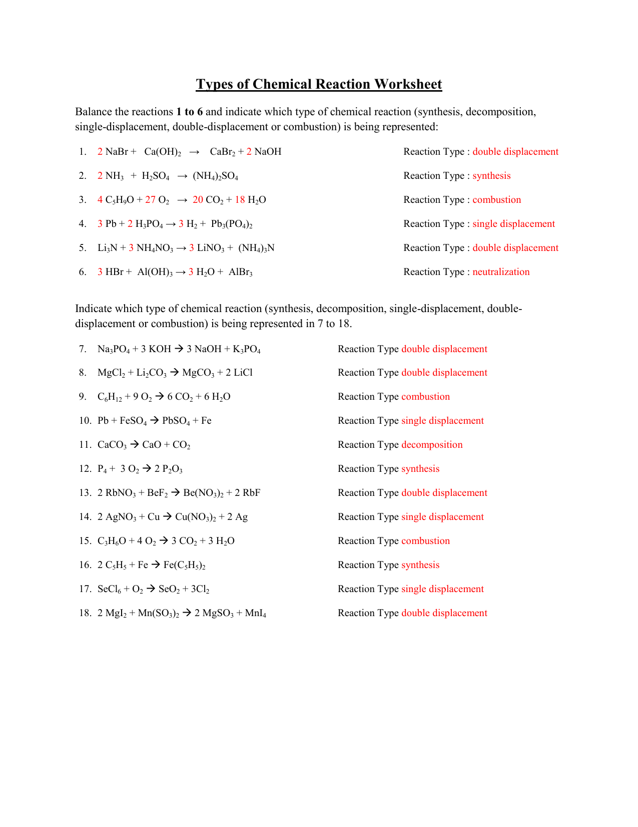 Types of Chemical Reaction Worksheet answers For Classification Of Chemical Reactions Worksheet