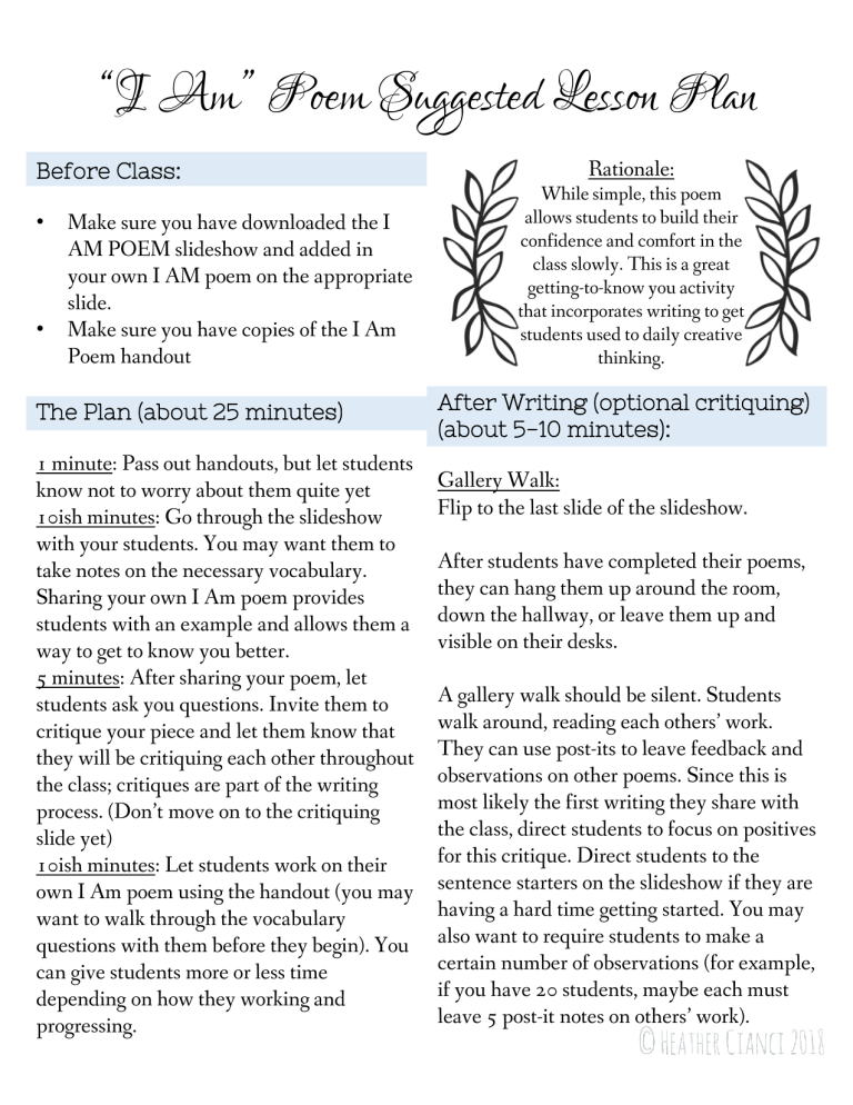 I Am Poem Lesson Plan And Handout