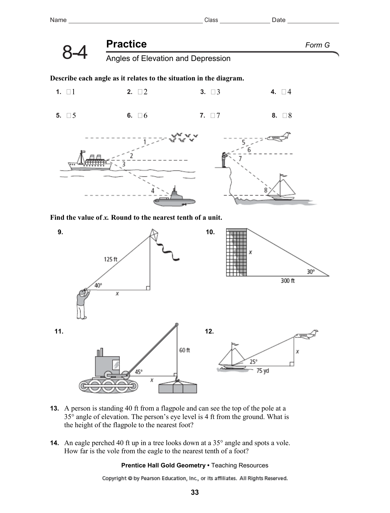 8 4 Angles Of Elevation And Depression Practice Wks pearson 