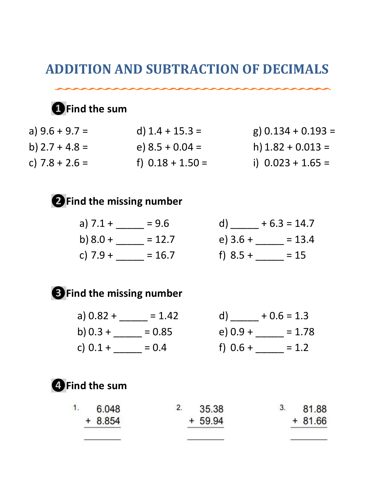 problem solving involving addition and subtraction of decimals worksheets