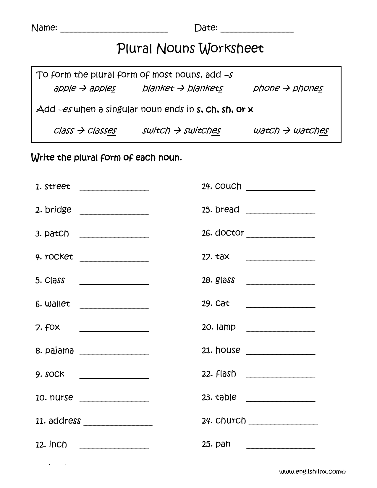 Plural Nouns S Or Es Worksheet