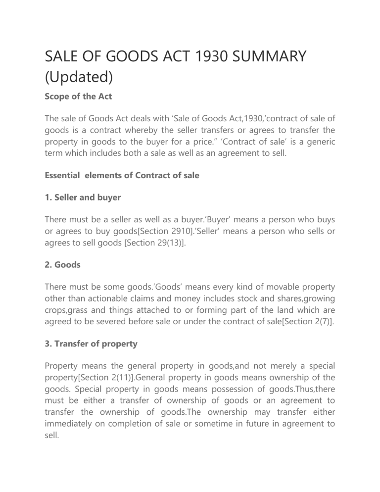 sales of goods act 1930 case study with solution pdf