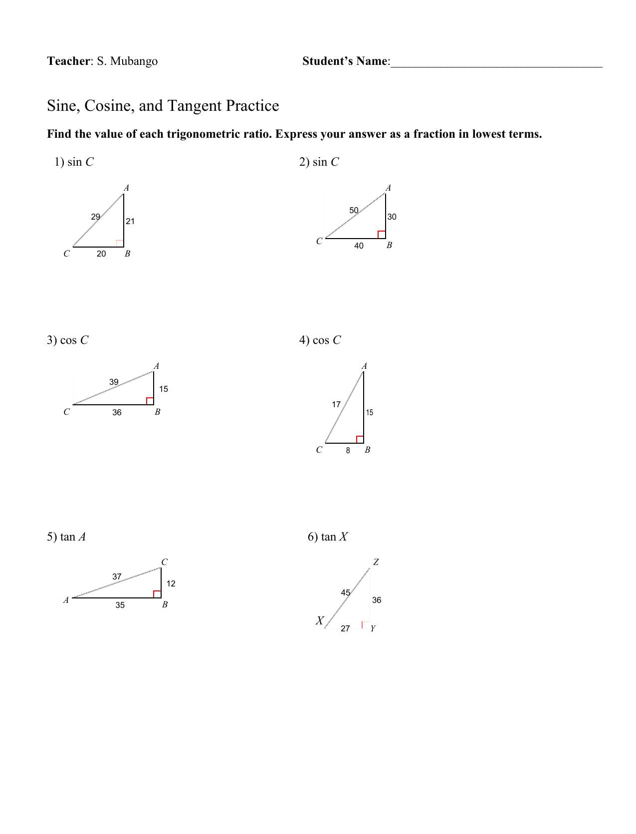 Trigonometric Ratios Worksheet Inside Trigonometric Ratios Worksheet Answers