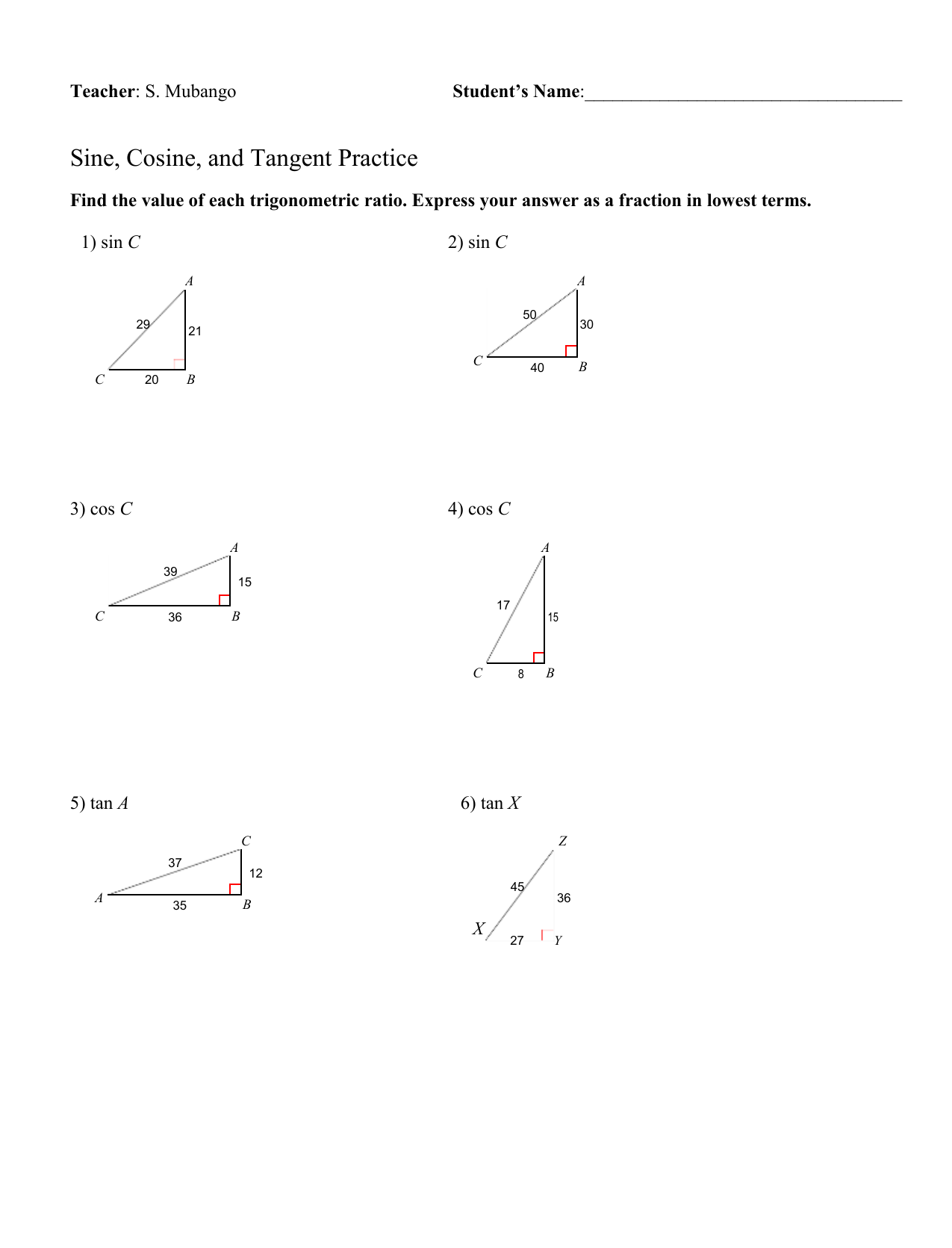 Trigonometric Ratios Worksheet Answers - Wordworksheet.com