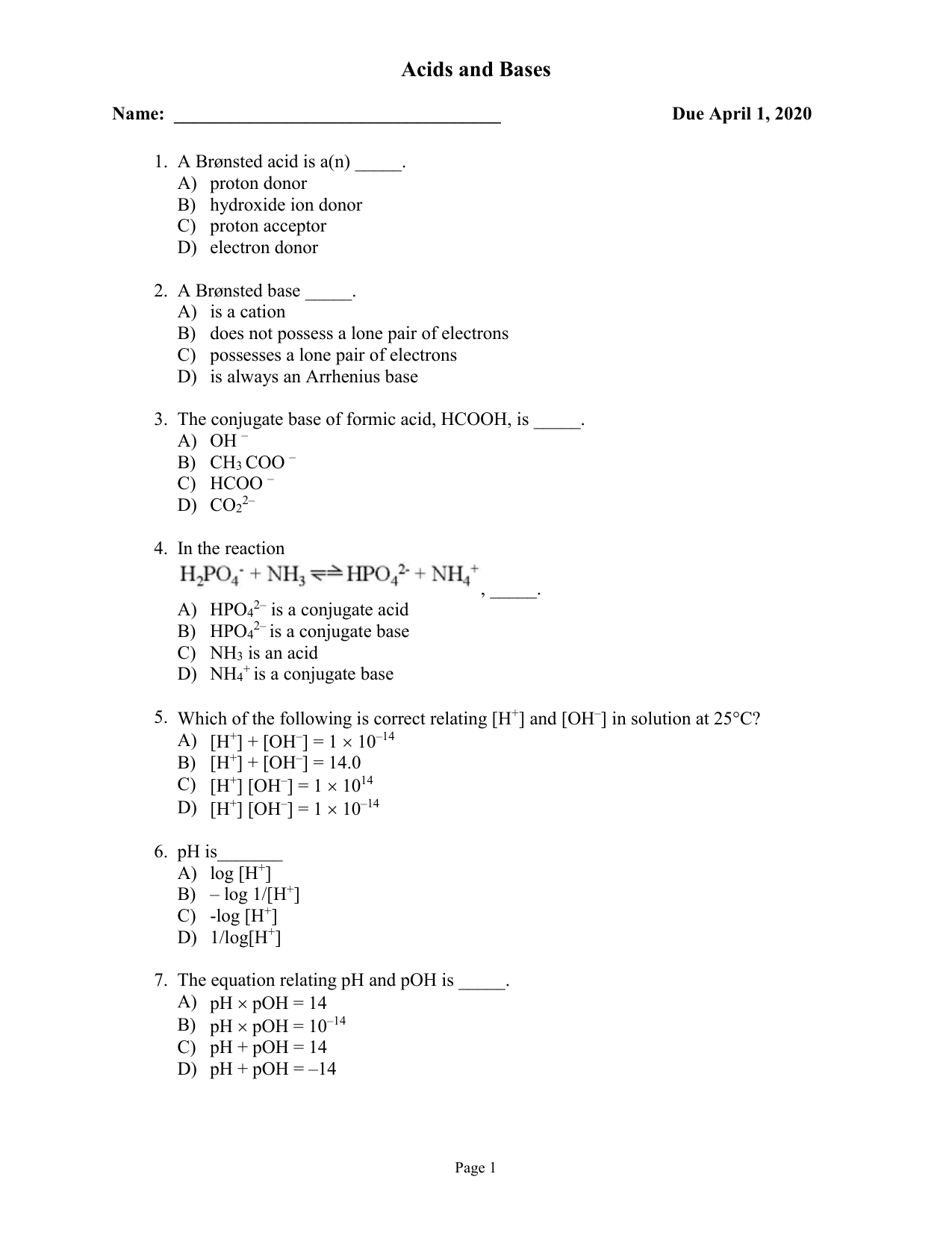 Acid And Base Worksheet Answers