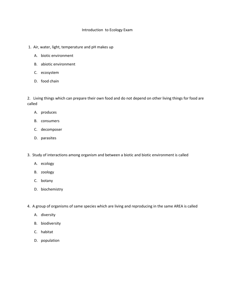 Ecology Exam: Introduction to Basic Concepts