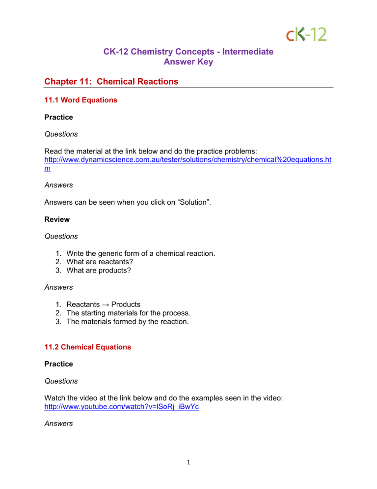 Ck 12 11 Chemical Reactions Answer Key PDF