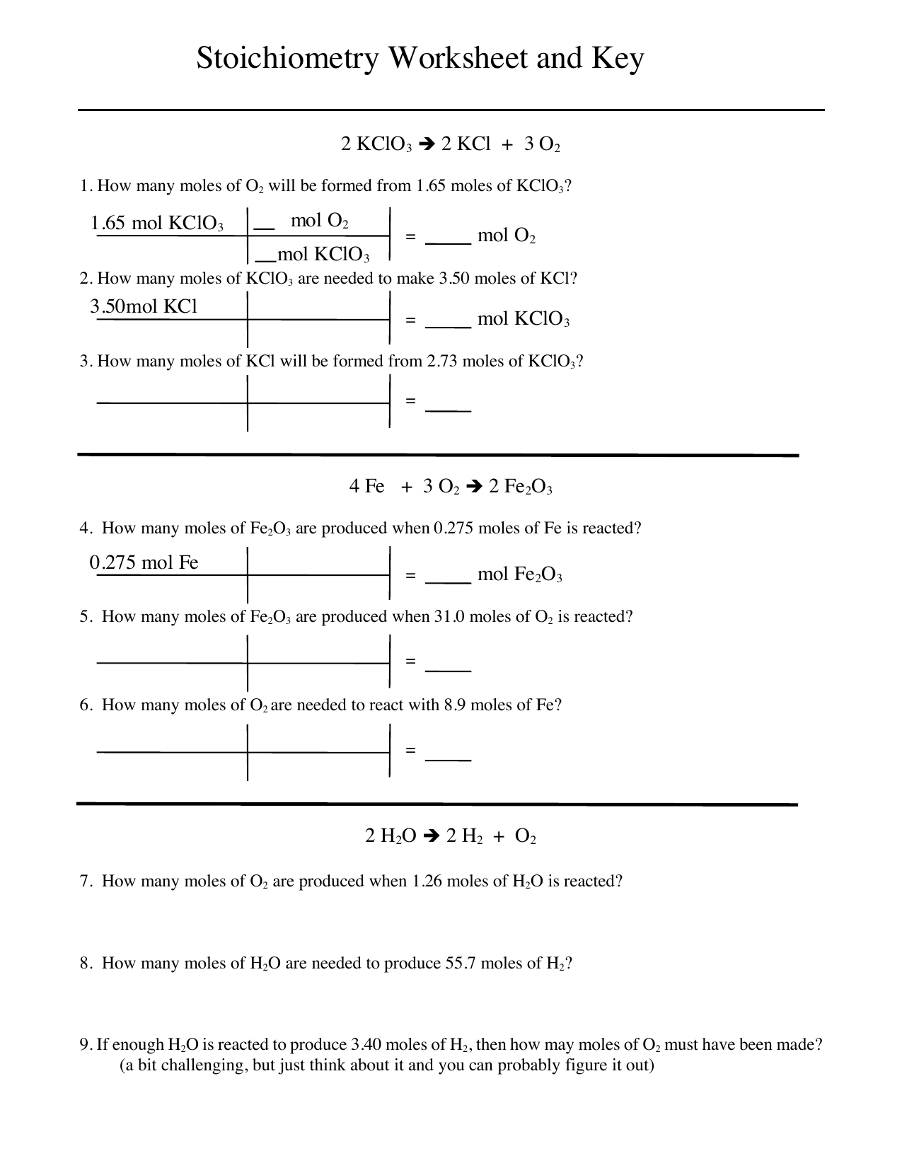 Stoichiometry Worksheet 1 Answers