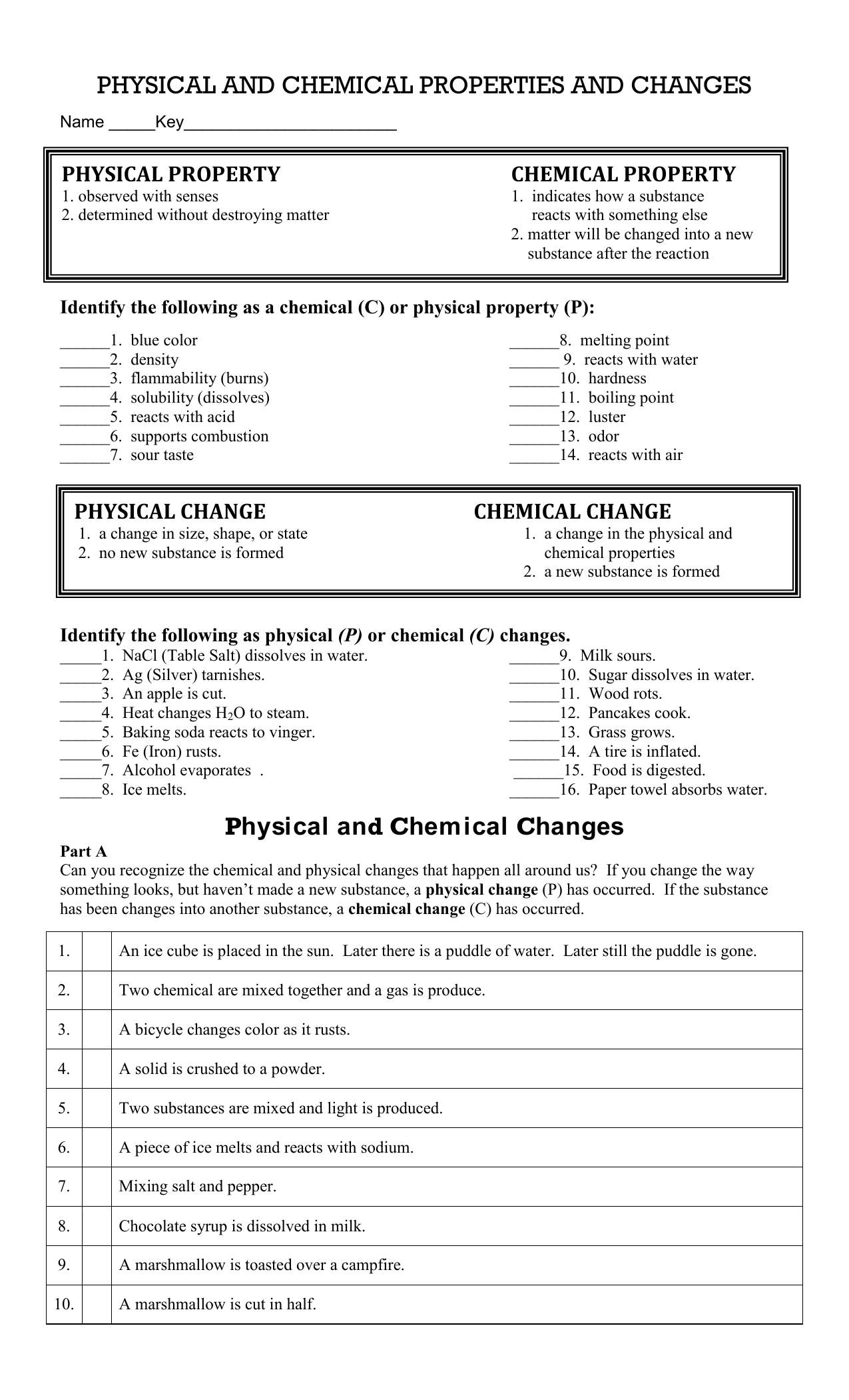 Physical and Chemical Properties and Changes and KEY With Regard To Chemical And Physical Changes Worksheet