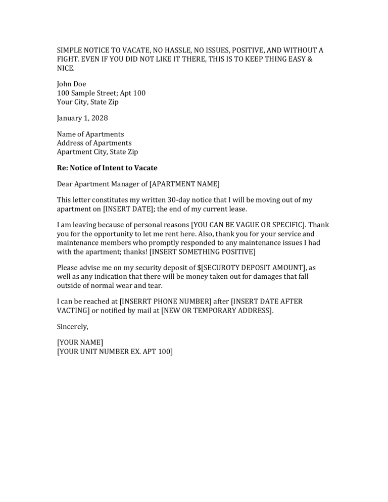 Notice Of Intent To Vacate Apartment Sample From The Ground