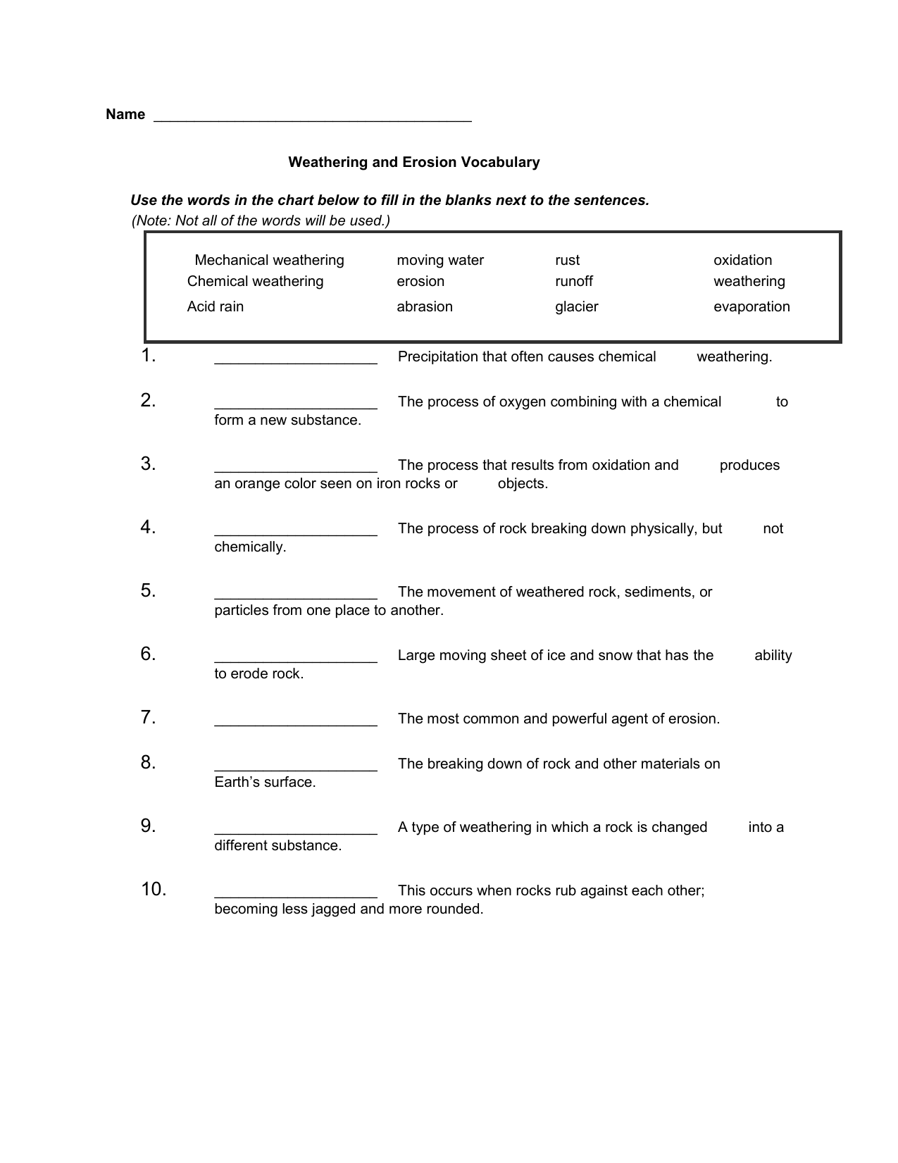 Weather and erosion vocab Within Weathering And Erosion Worksheet