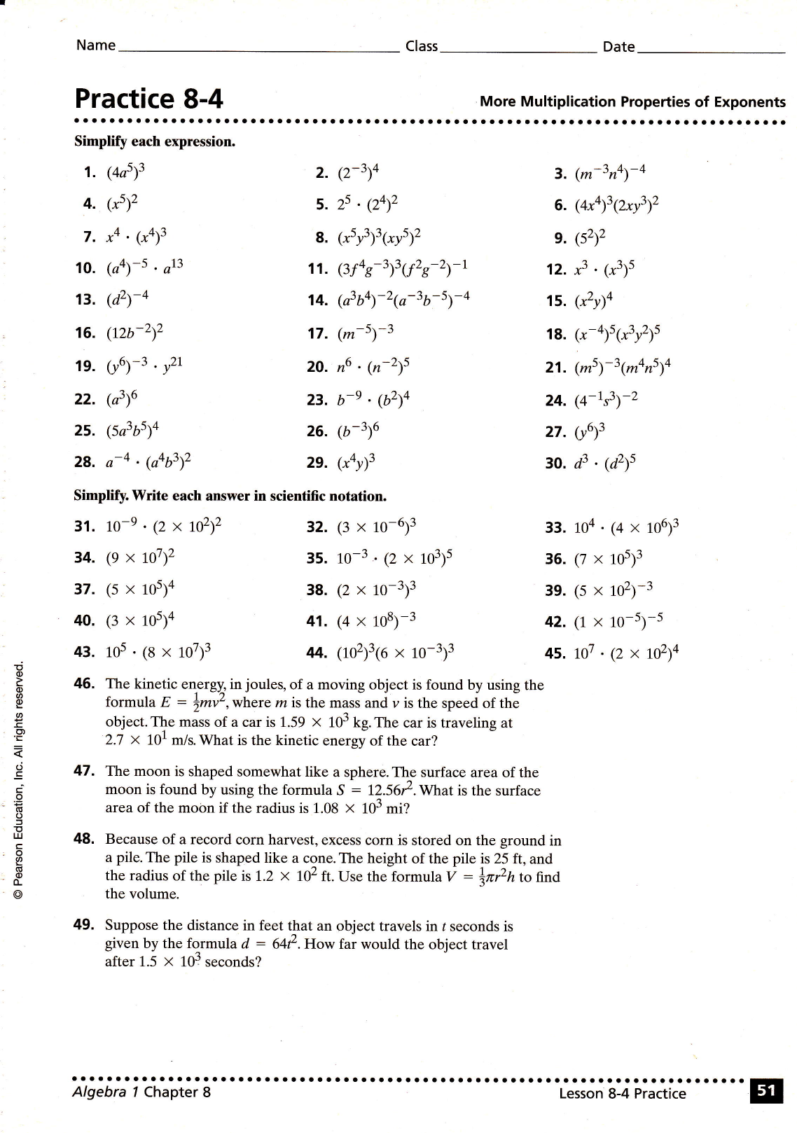 practice 10-10 Intended For Multiplication Properties Of Exponents Worksheet