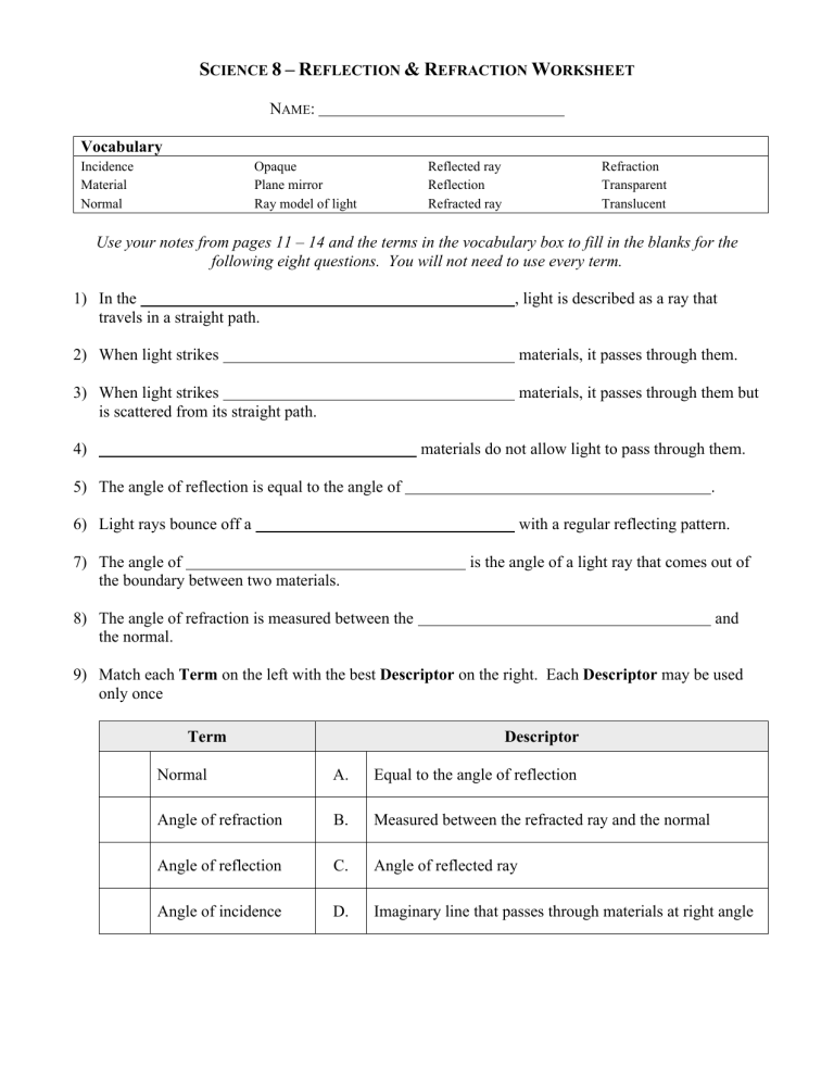 Reflection refraction worksheet