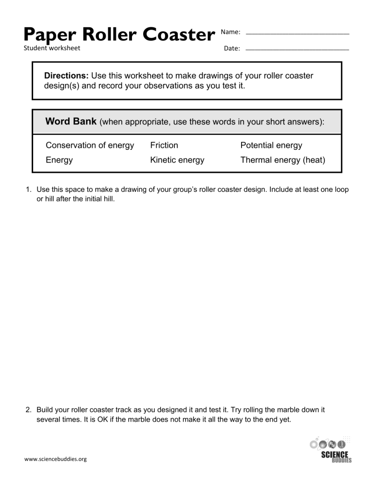 Worksheet paper roller coaster