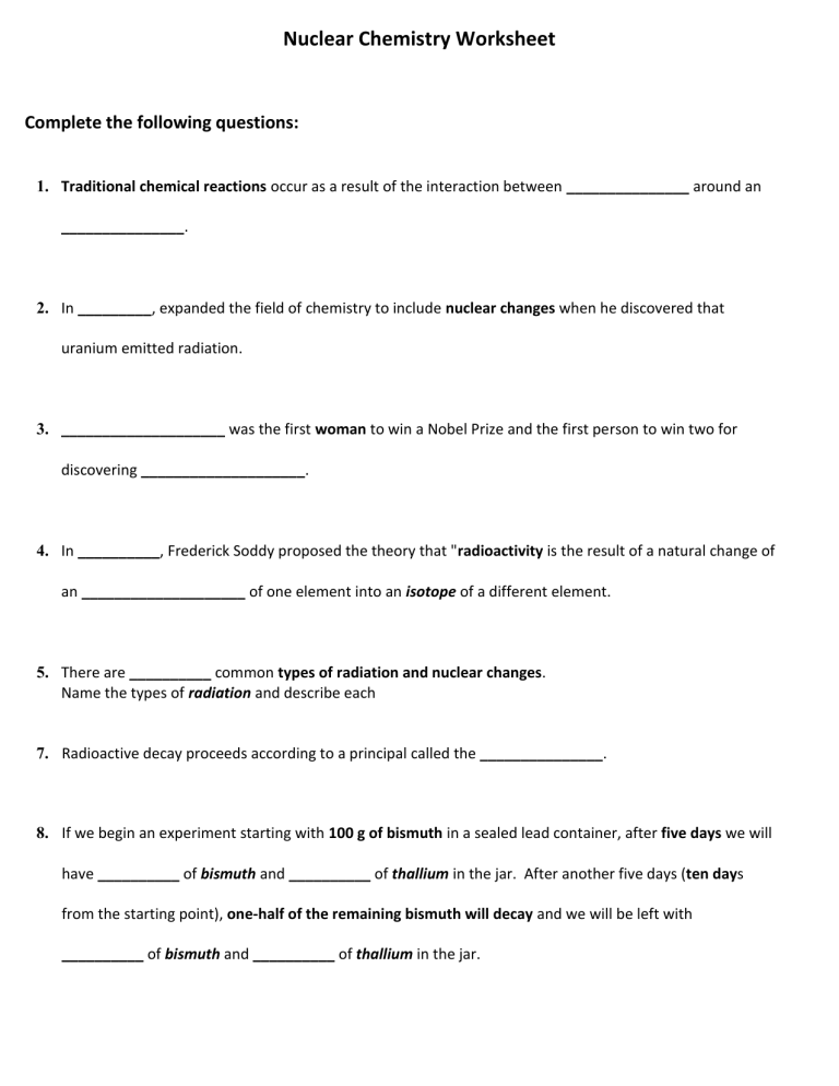 Nuclear Chemistry Worksheet 1