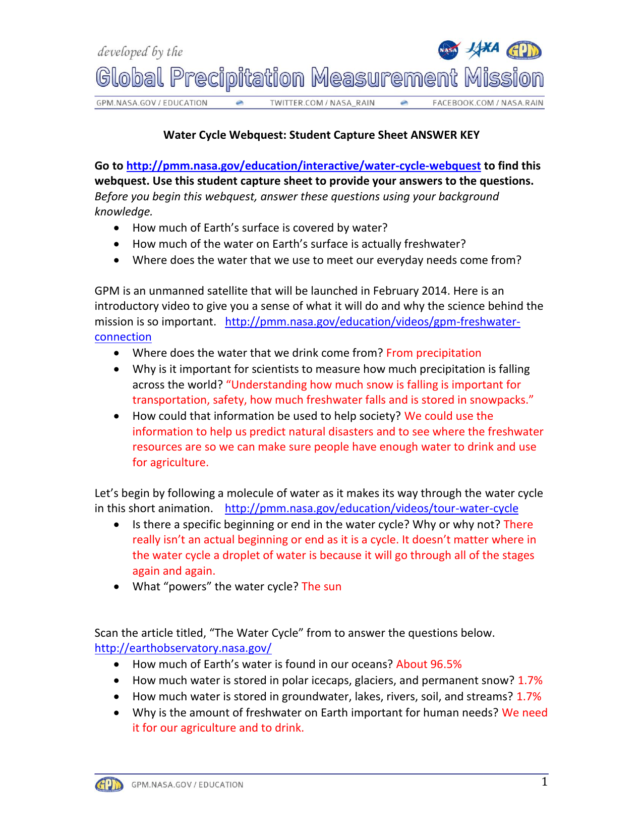 Water Cycle Webquest KEY With Water Cycle Worksheet Answer Key