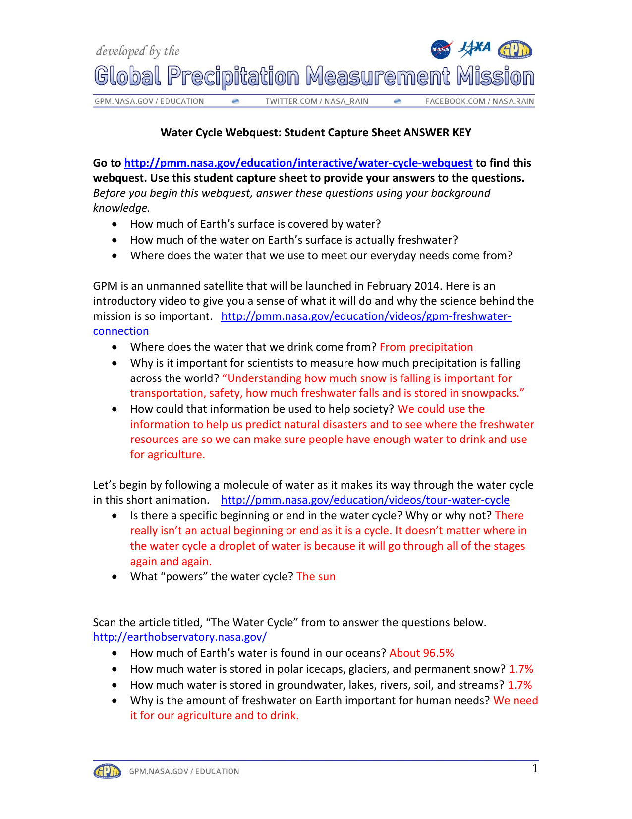 Water Cycle Webquest KEY Regarding Water Cycle Worksheet Answer Key