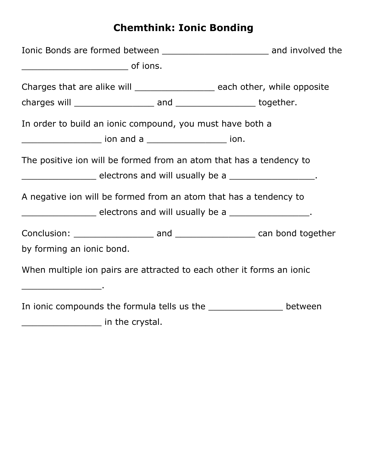 chemthink-ionic-bonding Within Ionic Bonding Worksheet Key