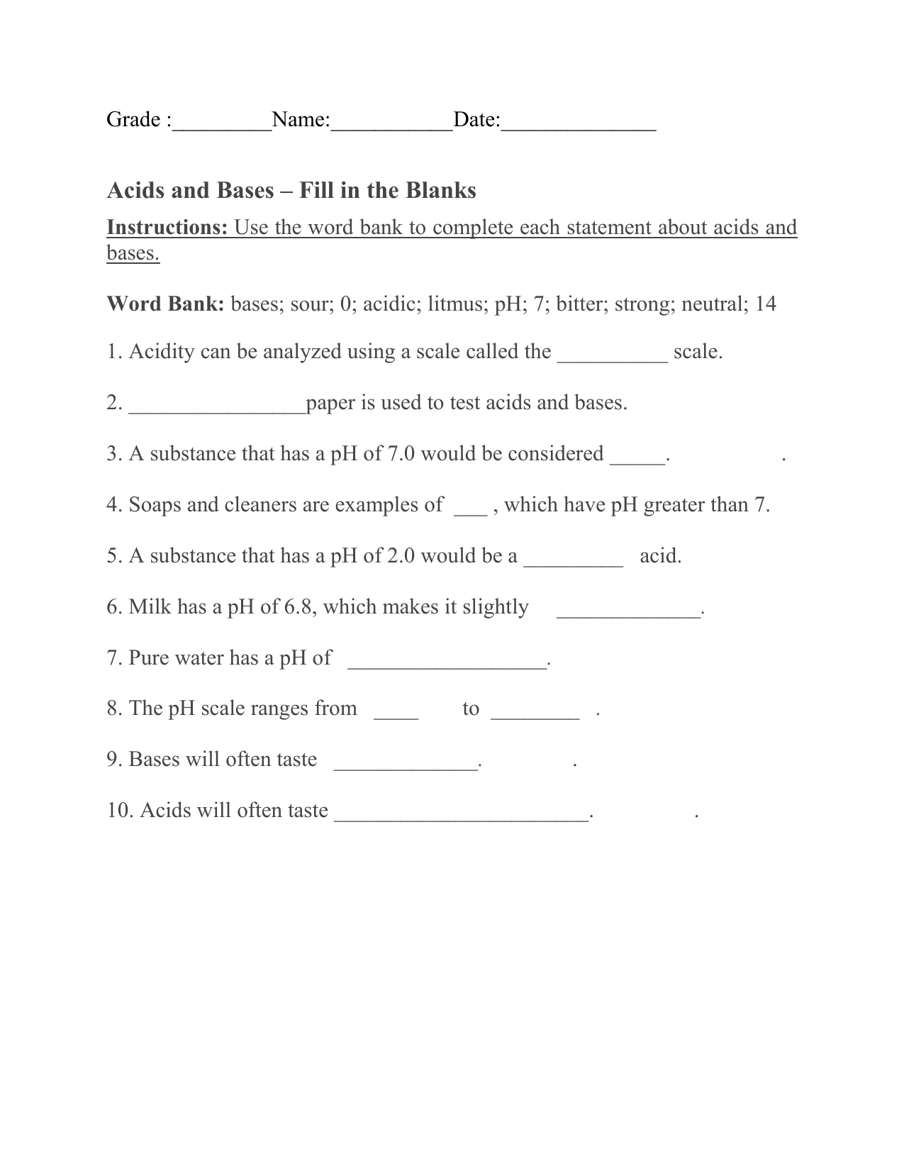 acid and bases worksheet In Acids And Bases Worksheet