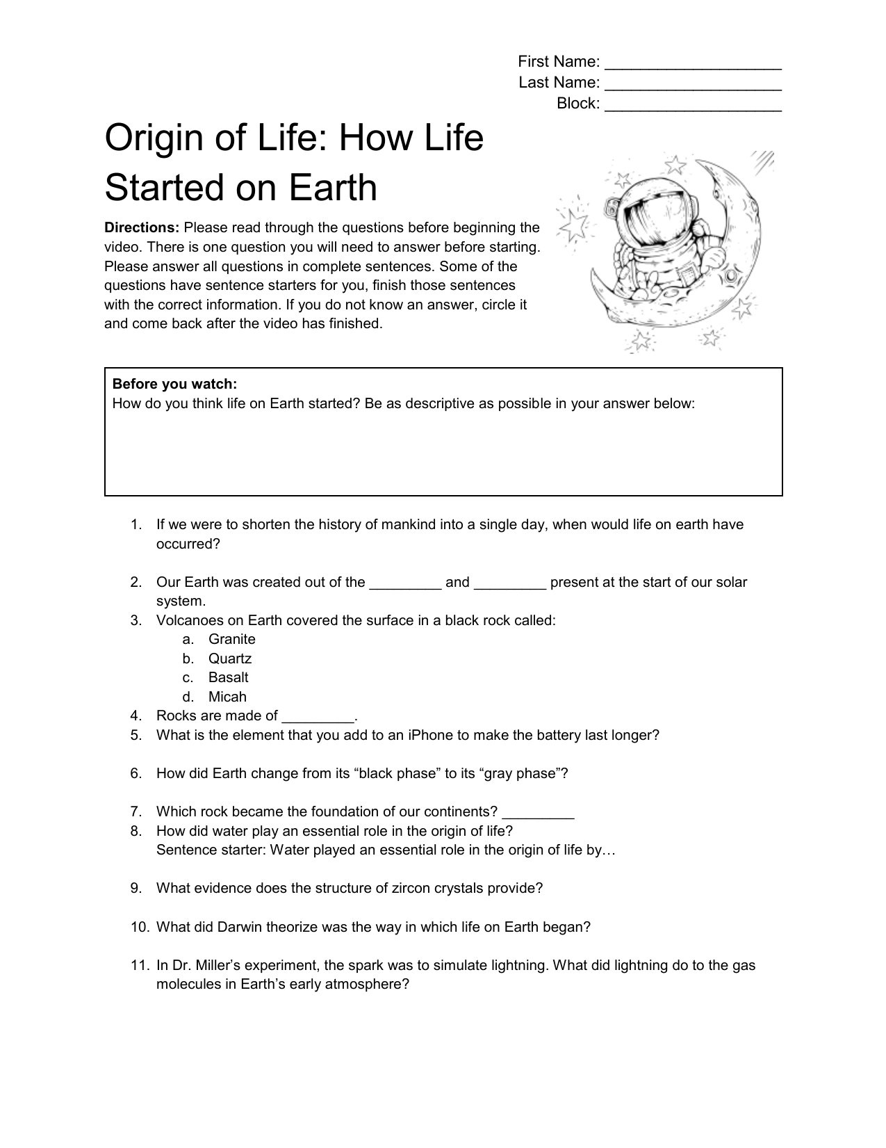 Origin Of Life Worksheet