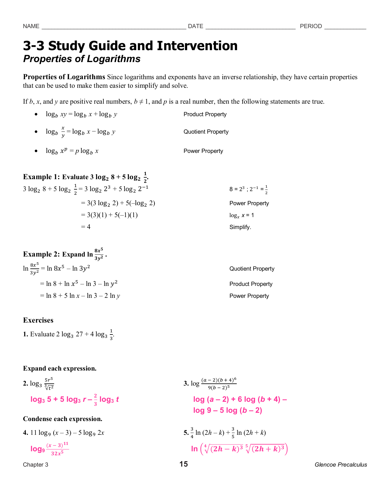 8 5 study guide and intervention properties of logarithms answers 3 3 Study Guide And Intervention Properties Of Logarithms Glencoe Precalculus